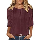 KISSMODA Women's Round Neck Pleated 3/4 Sleeve Tunic Top