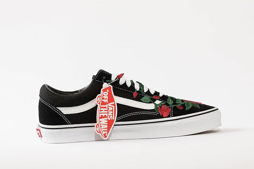 black vans with roses embroidered