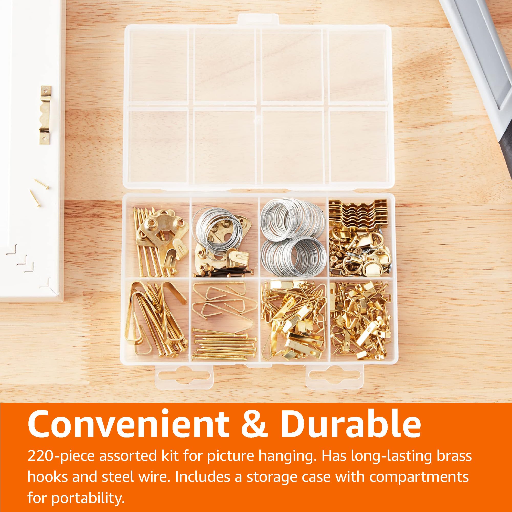 Amazon Basics Picture Hanging Hardware Assortment Kit, 220 Piece Set, Brass