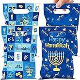 EoBeCy 100 Pcs Hanukkah Gift Bags with Handles, Blue Happy Hanukkah Plastic Snack Treat Candy Goodie Bags, Jewish Themed Chanukah Party Favors Supplies Decorations