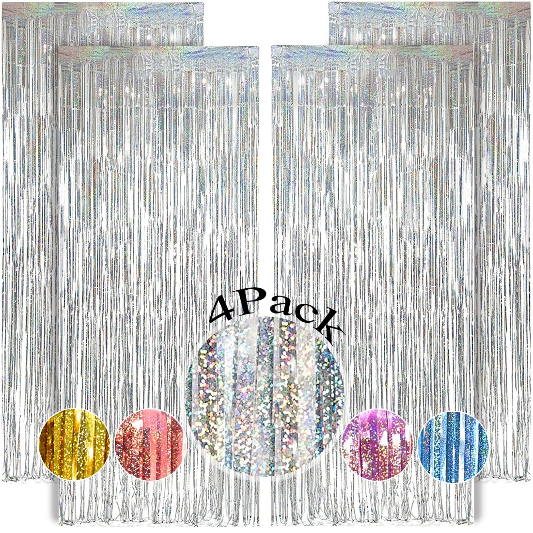 OEMG Tinsel Curtains 4pcs 3.3x8.2ft Foil Fringe Curtain Silver Glitter Streamers Party Decorations Backdrop for Birthday Graduation Engagement Bridal Shower Bachelorette Baby Shower Holiday Christmas