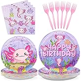 96Pcs Axolotl Birthday Party Supplies Pink Cartoon Axolotl Party Plates and Napkins Tableware Sets Reptile Animals Axolotl Party Decorations for Kids Girls Baby Shower Party Favors, Serves 24