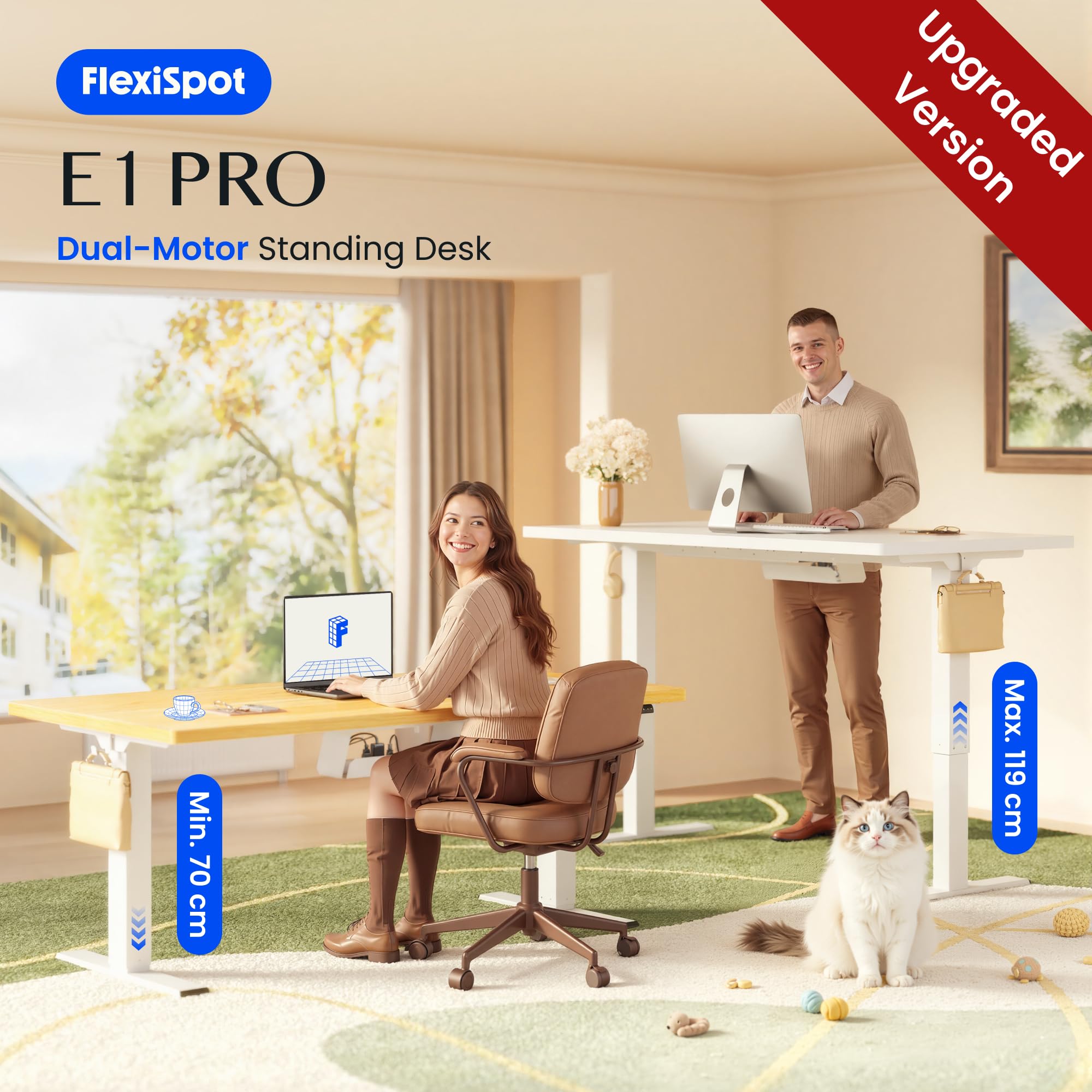 FlexiSpot Höhenverstellbarer Schreibtisch mit 2 Motoren & 25MM einteiliger Tischplatte,ergonomischer Bürotisch - 160 x 80 cm Ahorn, weißes Gestell 5