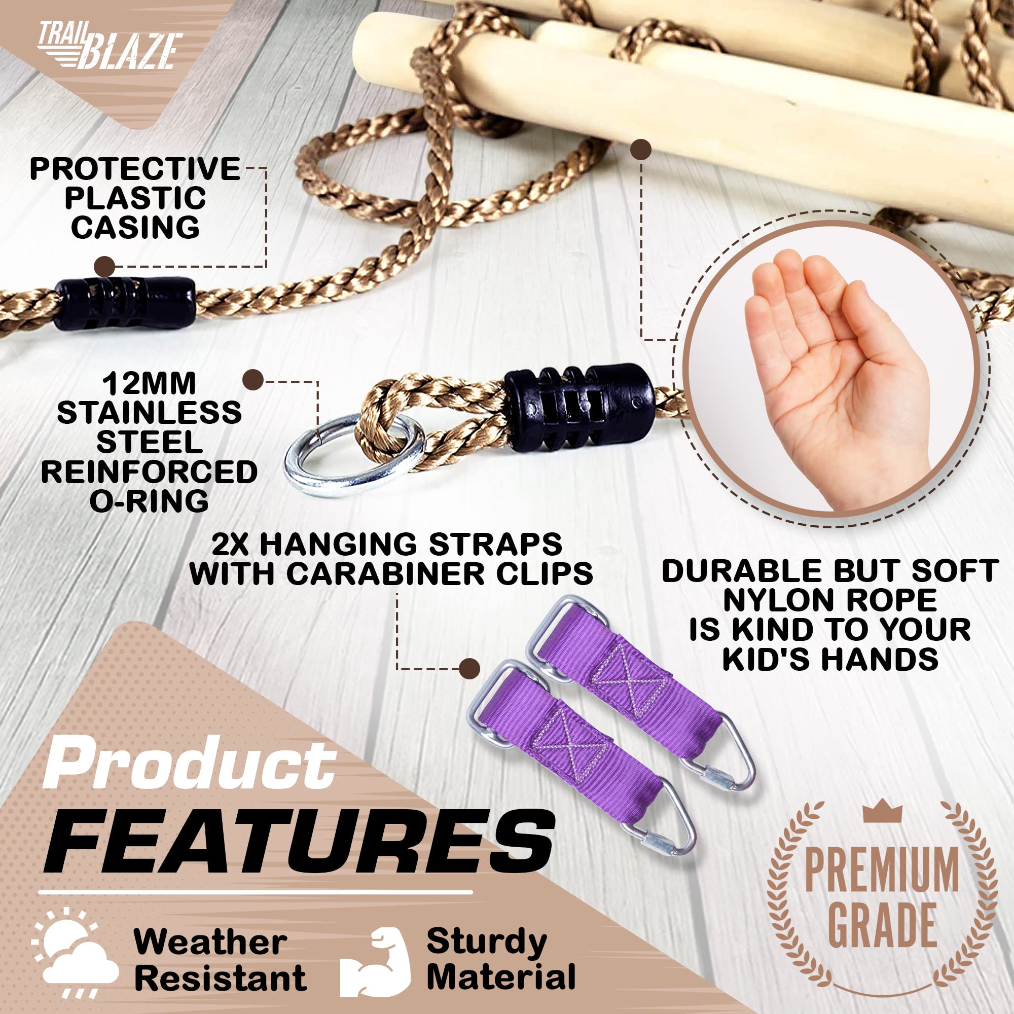 Wooden Rope Ladder for Kids - Playset Ladder for Ninja Warrior Obstacle Course Accessories | Treehouse Swing Set Bunk Bed | Playground Ninja Obstacles