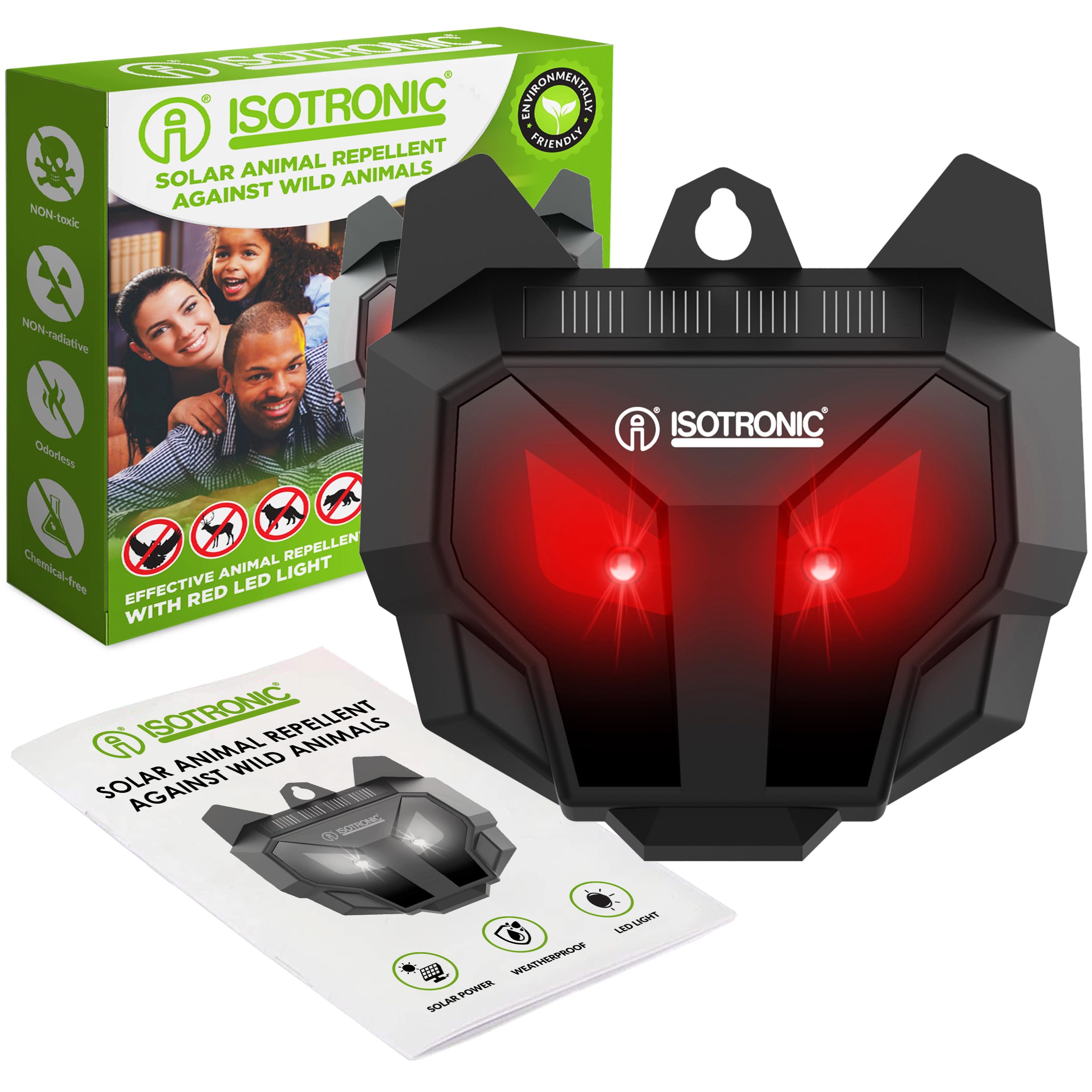 ISOTRONIC Solar Animal Repellent for Repelling Raccoons, Deer, Foxes & Wild Boars - Wild Animal Repeller with Red LED Light - Effective Animal Repellent with 40 m² Effective Area (Pack of 1)