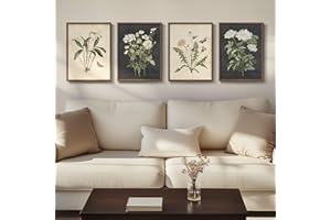 CUSPIN Framed Botanical Wall Art for Living Room, 4 Piece Rustic Floral Canvas Paintings Prints ArtWork for Walls, Vintage Flower Butterfly Pictures for Farmhouse Hallway Bedroom Dining Room Kitchen Bathroom Wall Decor