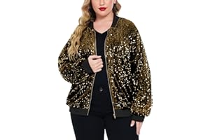 IN'VOLAND Womens Sequin Jacket Plus Size Sparkle Long Sleeve Jackets Front Zip Loose Casual Blazer Bomber Jacket with Pockets