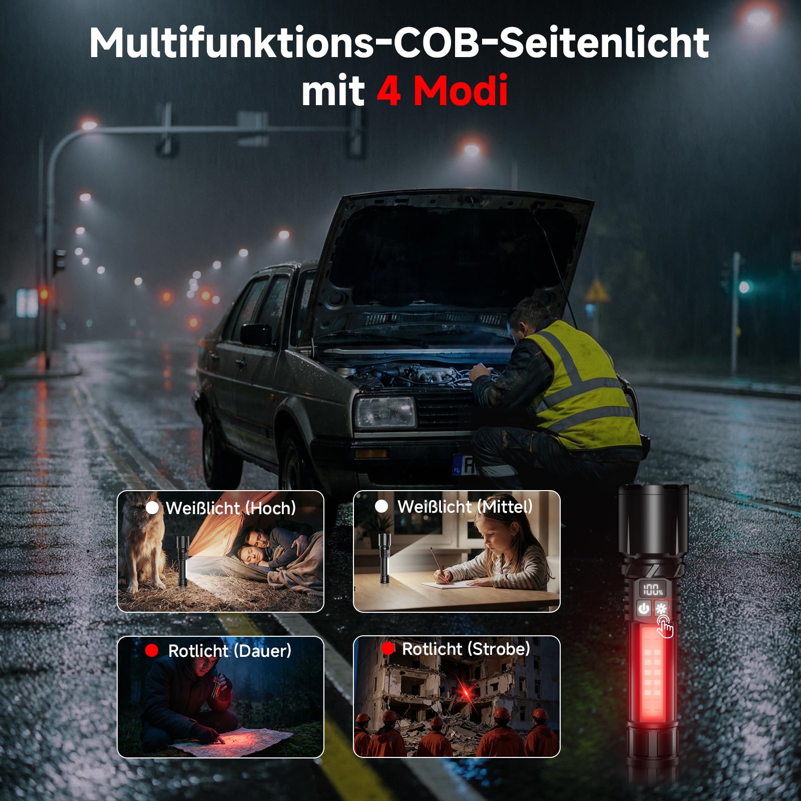 Shadowhawk 2 Stück Taschenlampe LED Aufladbar mit COB Seitenlicht | Leichtgewicht & Eingebauter Akku – Taktische Taschenlampen mit 2 Schaltern & Ein-Knopf Ein/Aus, 7 Modi für Camping/Wandern/Notfall 3