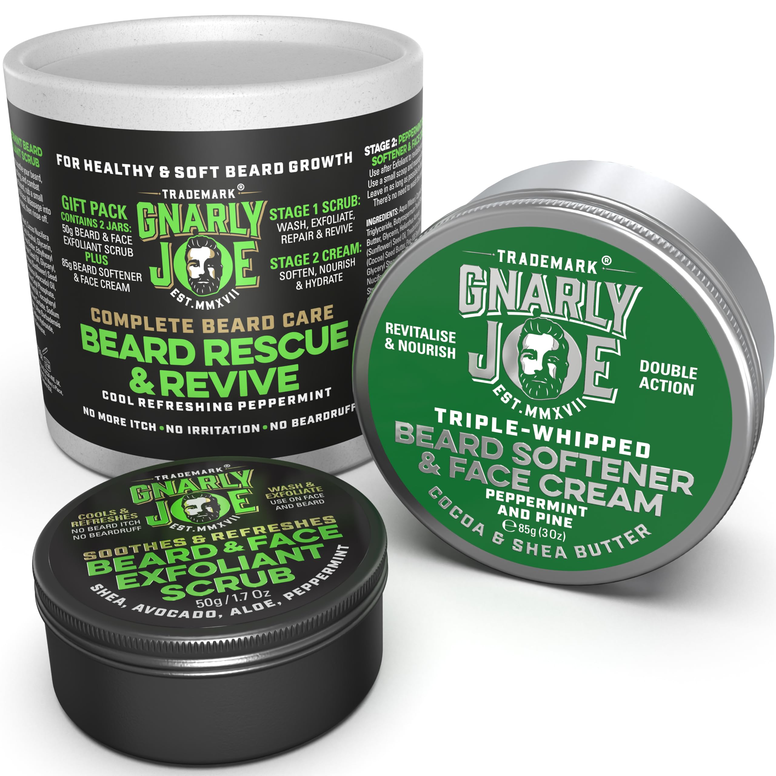 Gnarly Joe Beard Rescue & Revive Gift Pack - Beard Softener 85ml & Exfoliant 50g Set for Men - Beard Cream & Face Scrub with Cocoa Butter, Peppermint & Coconut - Beard Conditioner - Made in UK