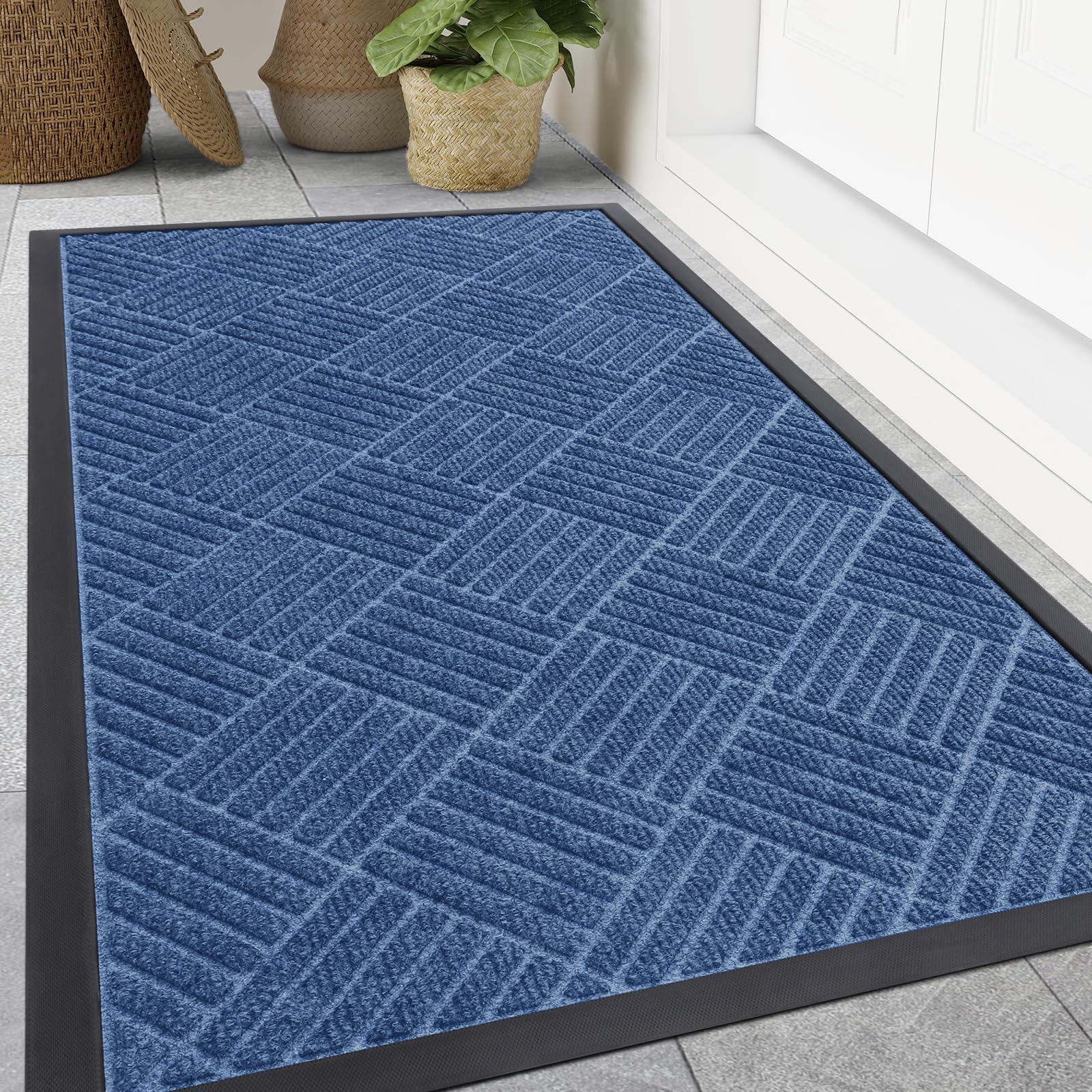 Smiry Front Door Mat Outside Entrance, Heavy Duty Outdoor Indoor Mat, Natural Rubber Doormat, Non Slip, Trap Dirt and Moisture, Easy Clean, Low Profile Patio Porch Entryway Mat, 47x32, Blue Image