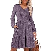 ANRABESS Women's Long Lantern Sleeve Ribbed Knit Dresses V Neck Casual 2025 Fall Winter Flowy Swing Tunic Sweater Short Dress