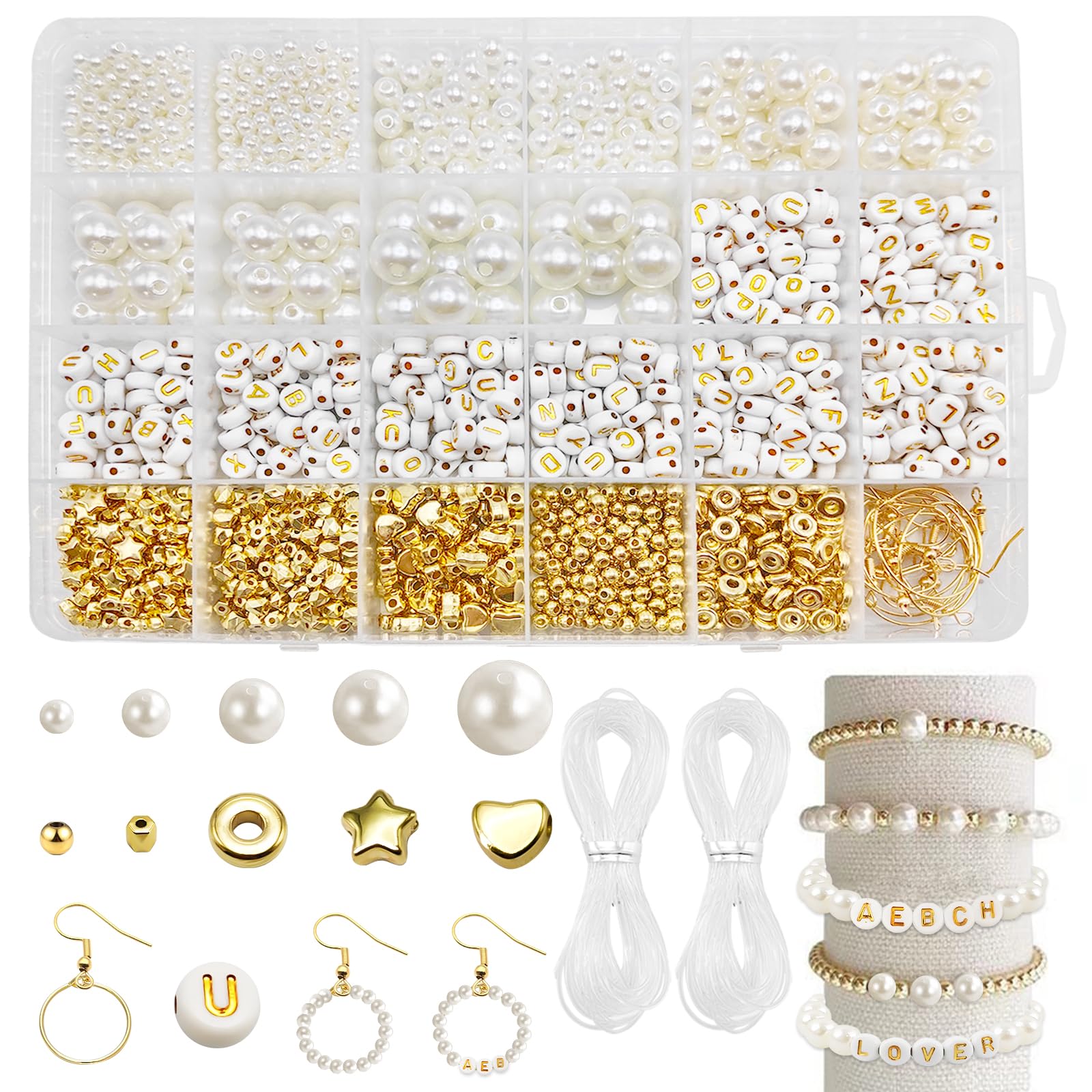 1140pcs Beads for Bracelet Making,470pcs 4/6/8/10/12mm Pearl Beads,400pcs Alphabet Beads,250pcs Mixed Imitation Beads Gold Beads 20pcs Earrings Bracelet Ornament DIY Craft Making with Crystal Wire — image 1