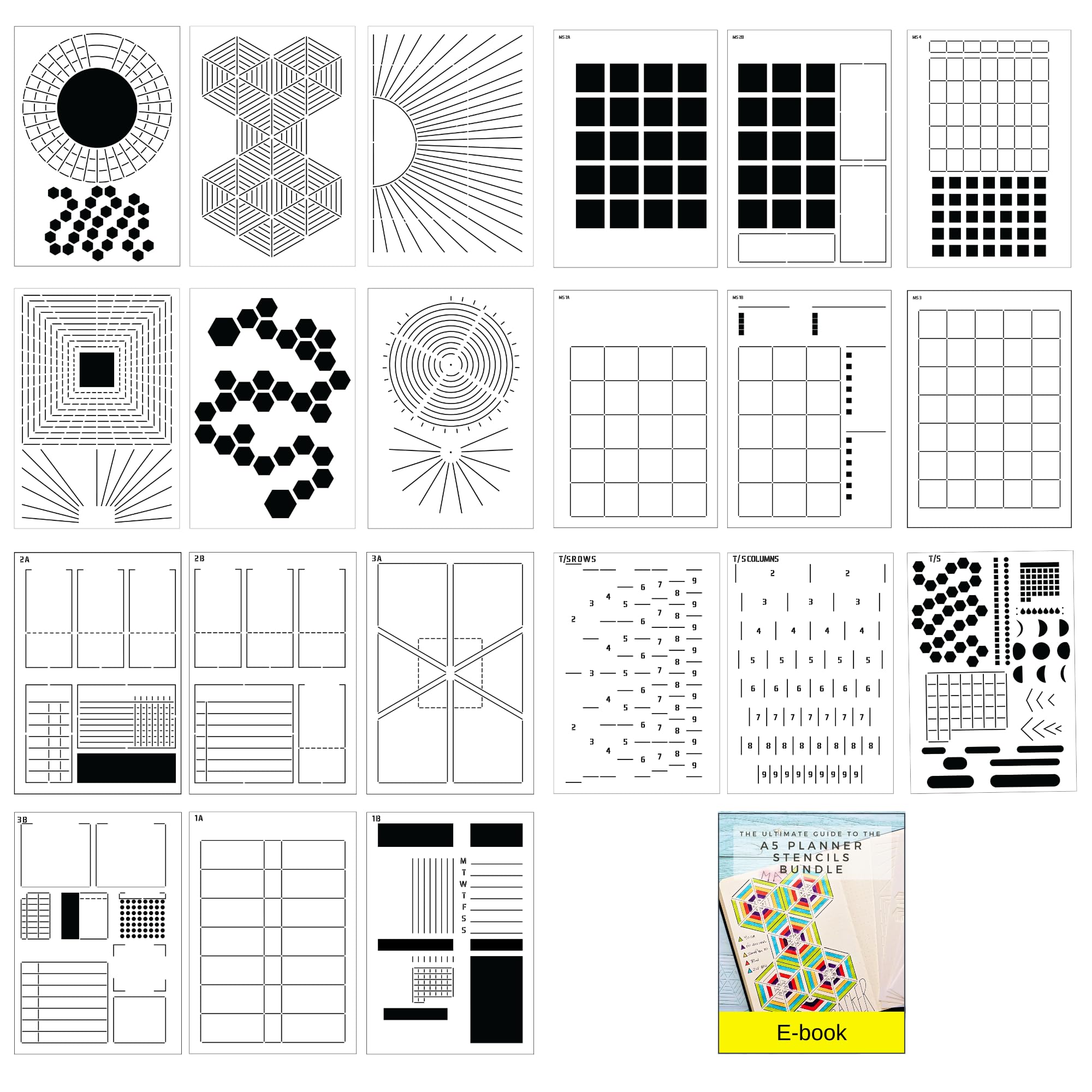 Bullet Bundle Planner Stencils for A5 Journals - 21 Layout Templates Sized for A5 5mm Dot Grid Journals - DIY Templates for Weekly, Monthly Calendars, Habit Trackers, Productivity Planner