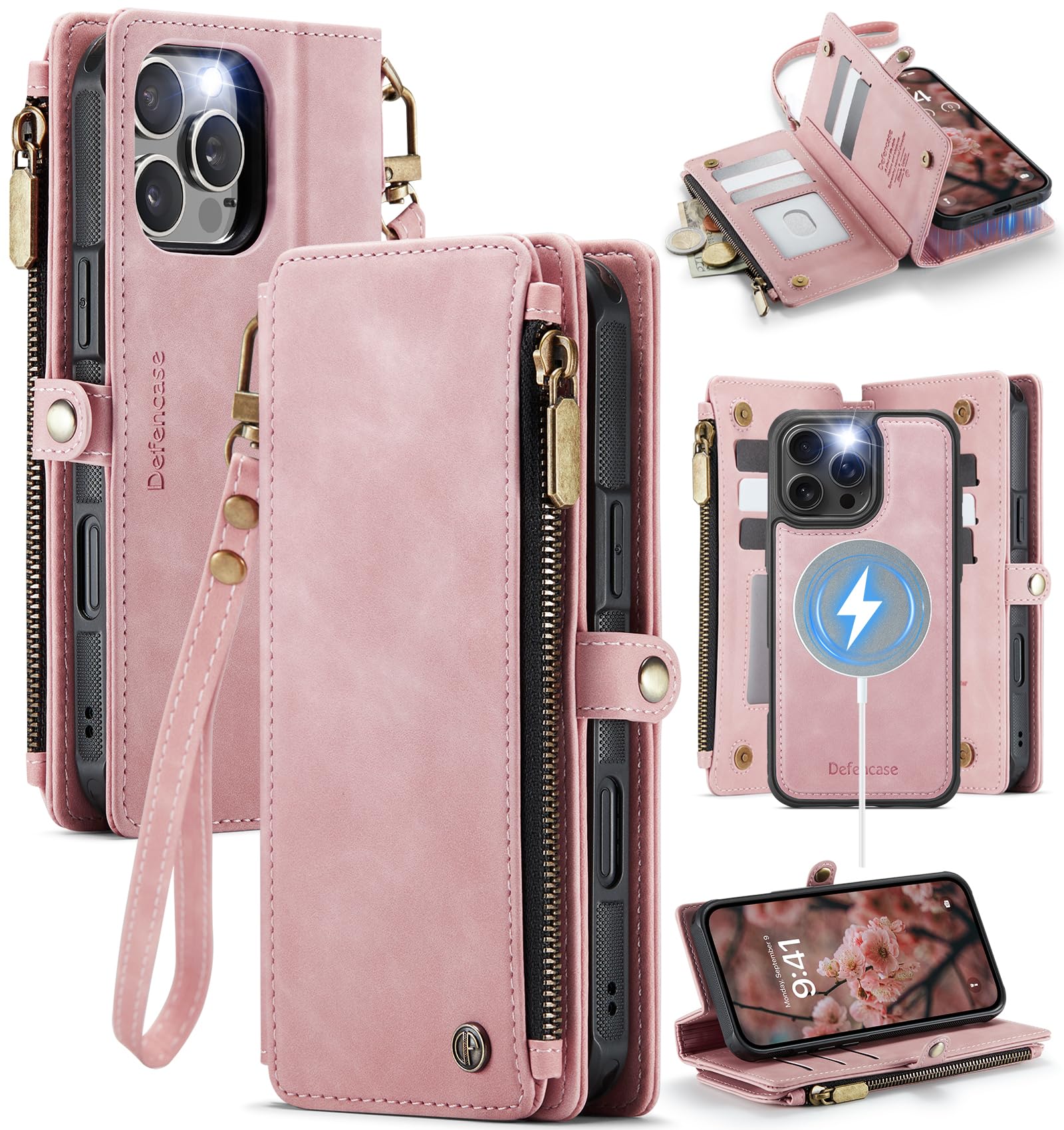 Photo 1 of Defencase for iPhone 16 Pro Magnetic Wallet Case Compatible with Magsafe with RFID Blocking Zipper Strap Card Holder for Women Men PU Leather Detachable Case for iPhone 16 Pro (6.3 inches), Rose Pink
