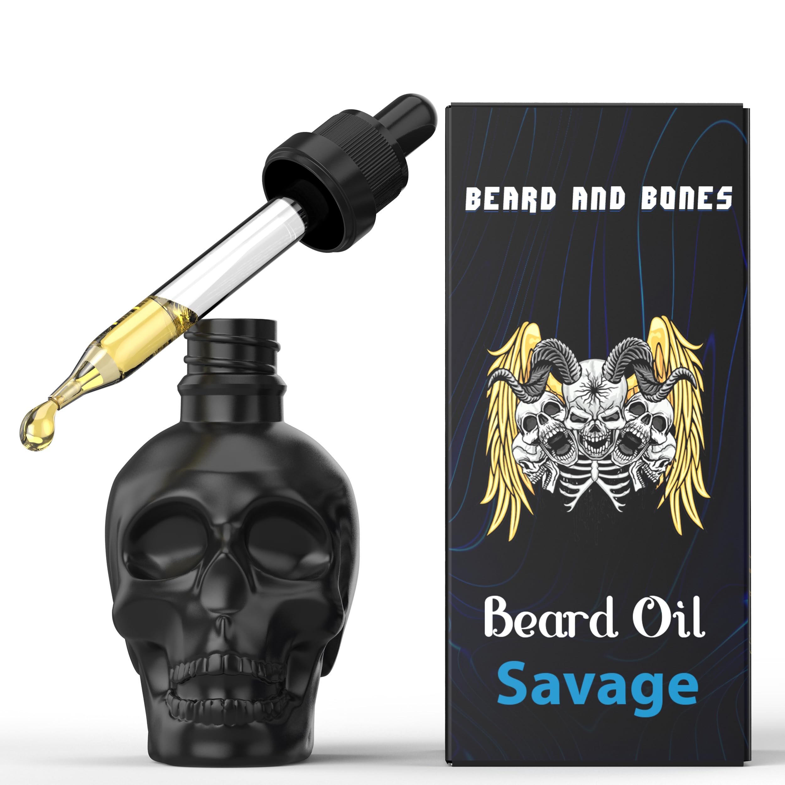 Beard and Bones - 60ml Beard Oil for Men | Nut Free | Natural Carrier Oils of Jojoba, Squalane and Sea Buckthorn Oil | Black Glass Skull | Choice of 6 Scents (Shadow)