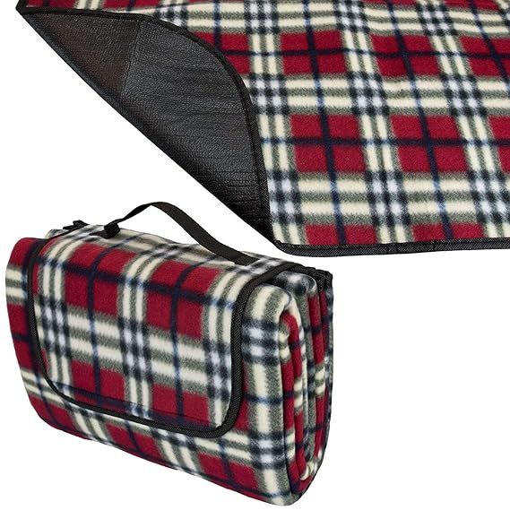 Tartan Picnic Blanket Waterproof Backing Large Folding Camping Mat Travel Carry Handle Rug Soft