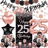 TSVATE 25th Birthday Decorations for Girls, Rose Gold Happy 25th Birthday Banner, Backdrop, Balloons, Pompoms, Star Streamer