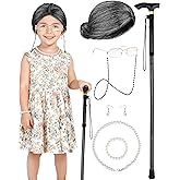 Apoway 100 Days of School 9-Piece Old Lady Wig Costume Set Grandma Dress Up Cap Glasses Cane Pearl Necklace Bracelet Earrings