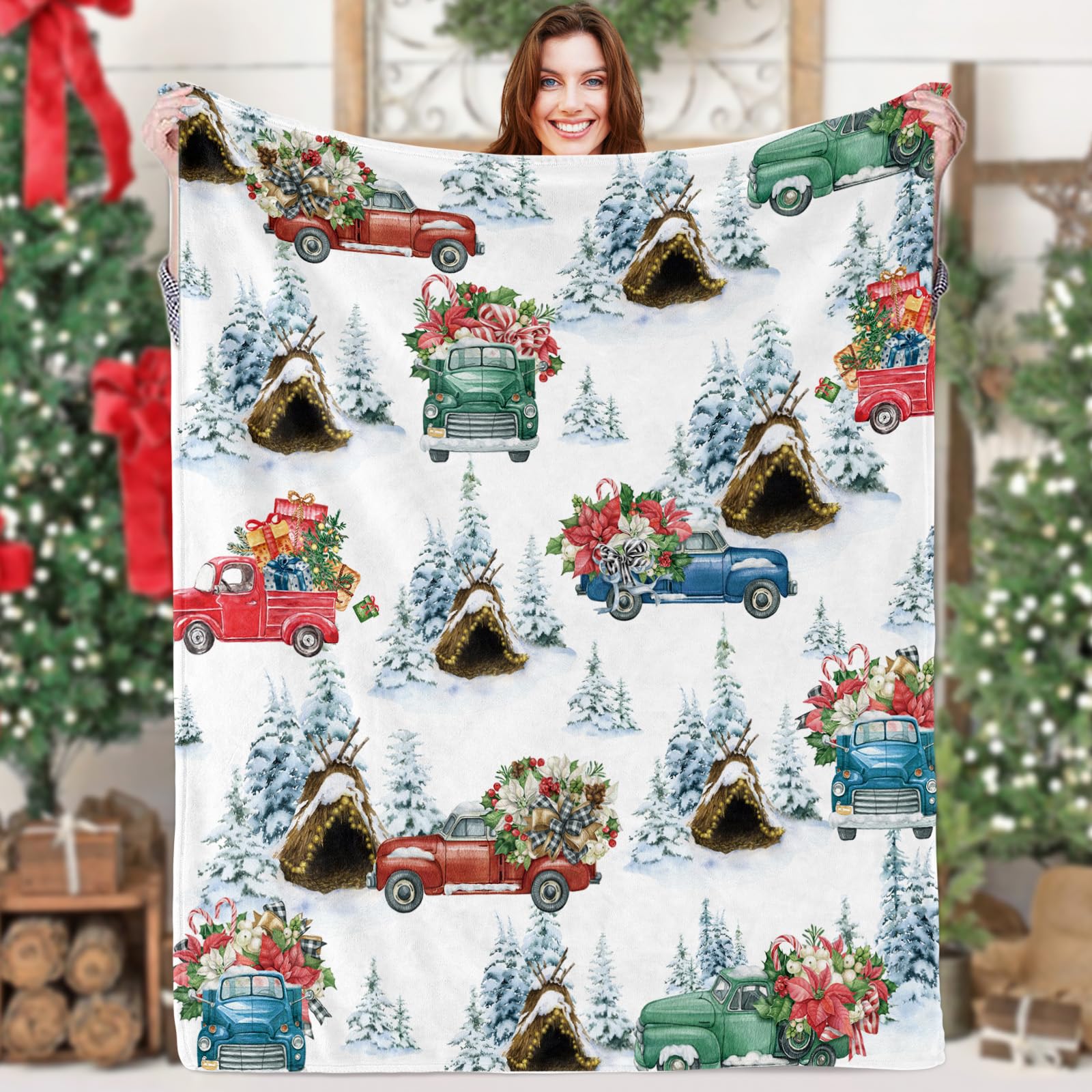 Rustic Christmas Truck Blankets and Throws, Soft Xmas Fluffy Flannel Throw Blanket with White Snow Truck Tree Pattern, Cozy Christmas Plush Fleece Blanket Gift for Home Couch Winter Holiday