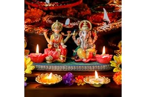 ALIKIKI Indian God Ganesha Lakshmi Statue - 5.3”H Indian Idol Laxmi Ganesh with LED Diyas for Diwali Gifts Decor Home Office Mandir Temple Altar Puja Item Hindu Murti Pooja Sculpture