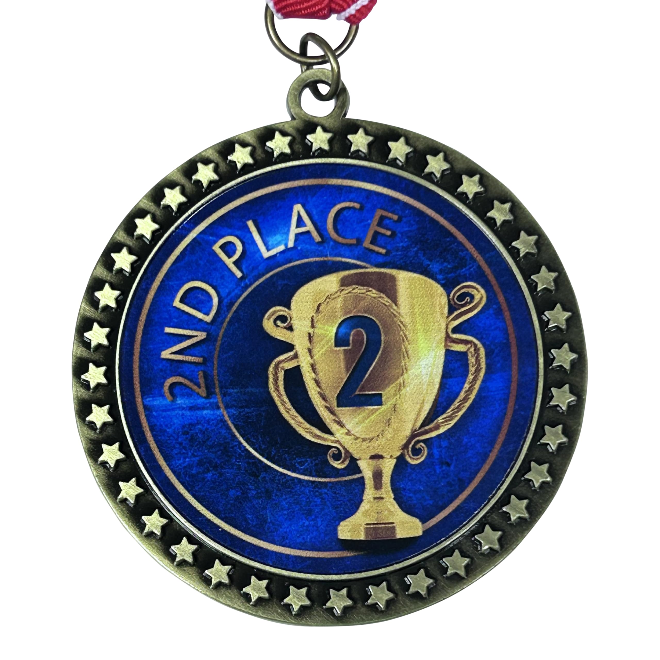 Photo 1 of 2-1/2 Inch Die-Cast Metal 2nd Place Award Medal with Antique Gold Finish and Red White and Blue Neck Ribbon Trophy Medals Awards Second Runner up (Pack of 1)