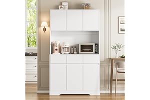 NBYSGO 71" Pantry Cabinet with Charging Station and LED Lights, Tall Kitchen Pantry Storage Cabinet with Microwave Stand, Modern Hutch with Storage Drawers for Dining Room, Living Room, White