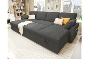 VanAcc Sleeper Sofa, 110 inch Oversize - 2 in 1 Pull Out Bed, Sectional Sleeper Sofa with Double Storage Chaise for Living Room, Grey Boucle Couch