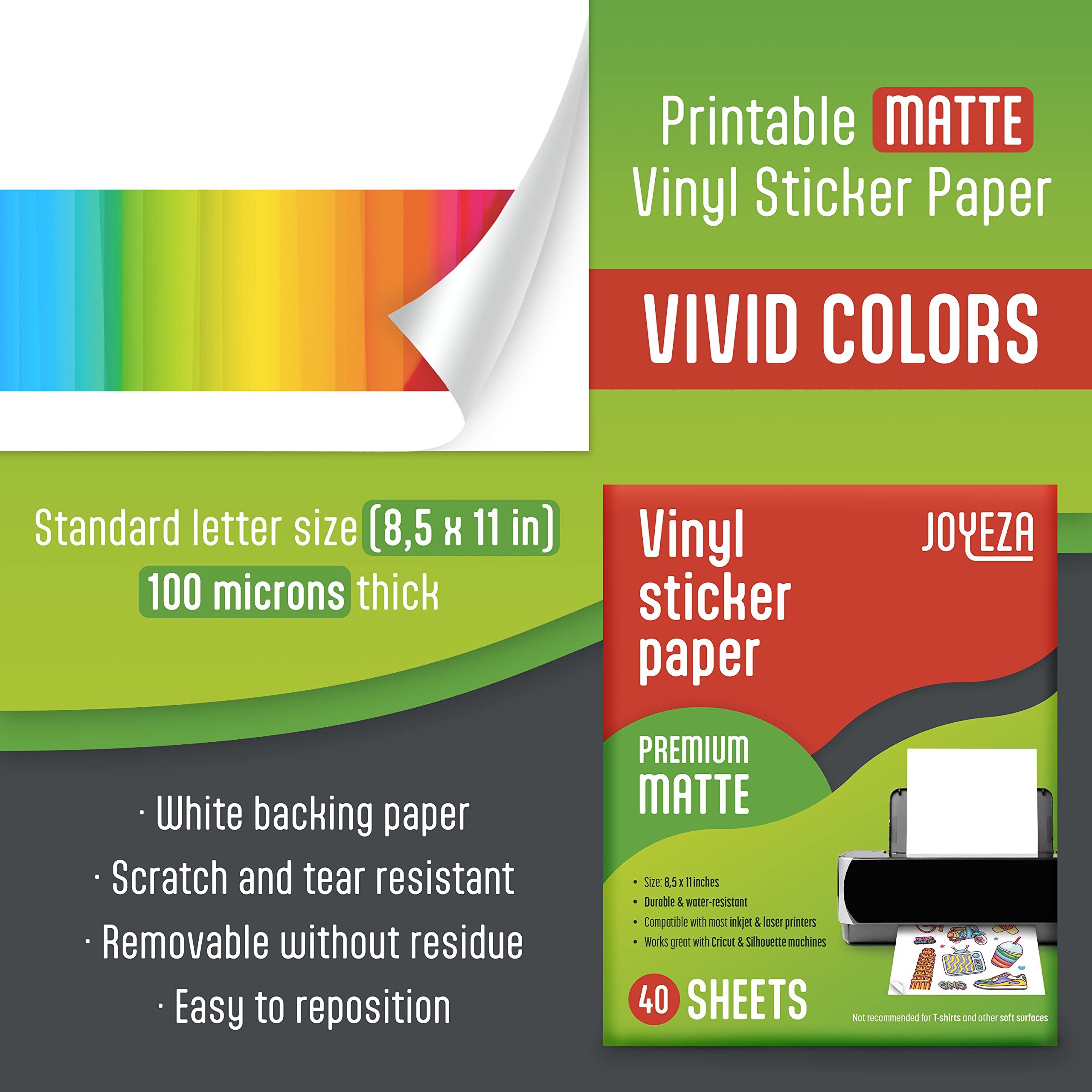 JOYEZA Premium Printable Vinyl Sticker Paper For Inkjet Printer - 40 ...