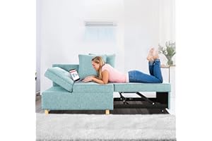 SEJOV Sleeper Sofa, 4-in-1 Convertible Ottoman Couch Bed, Modern Blue Line Futon Couch with 2 Pillows Adjustable Backrest and Armrests, Foldable Loveseat for Apartment Dorm, Office, Light Blue