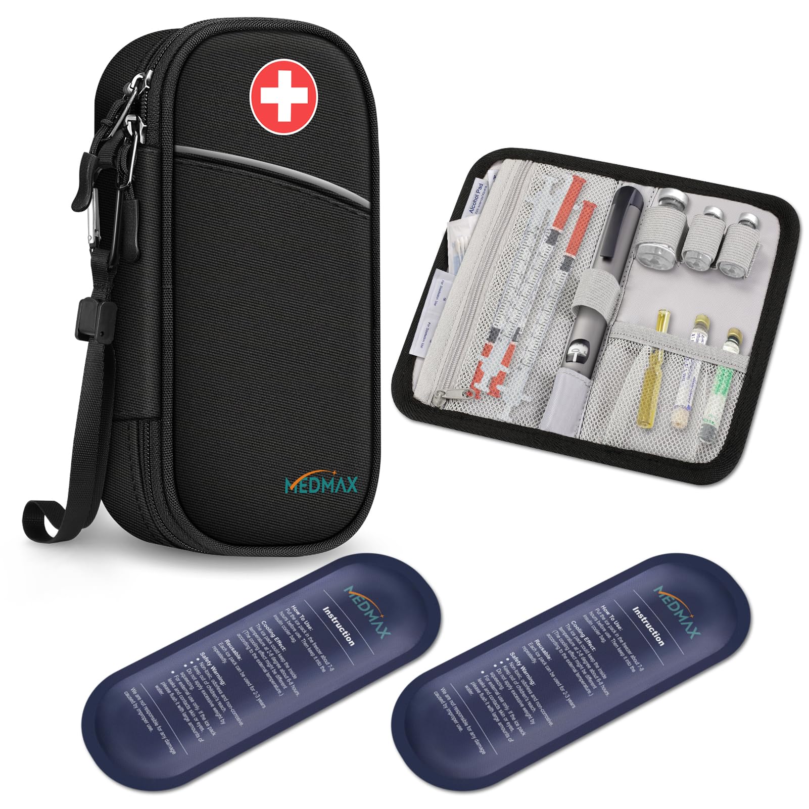 Insulin Cooler Travel Case with 2 Ice Pack, Water Resistant Insulated Diabetic Medication Organizer Carrying Bag with Extra Pouch for Insulin Pen and Other Diabetic Supplies (Black)