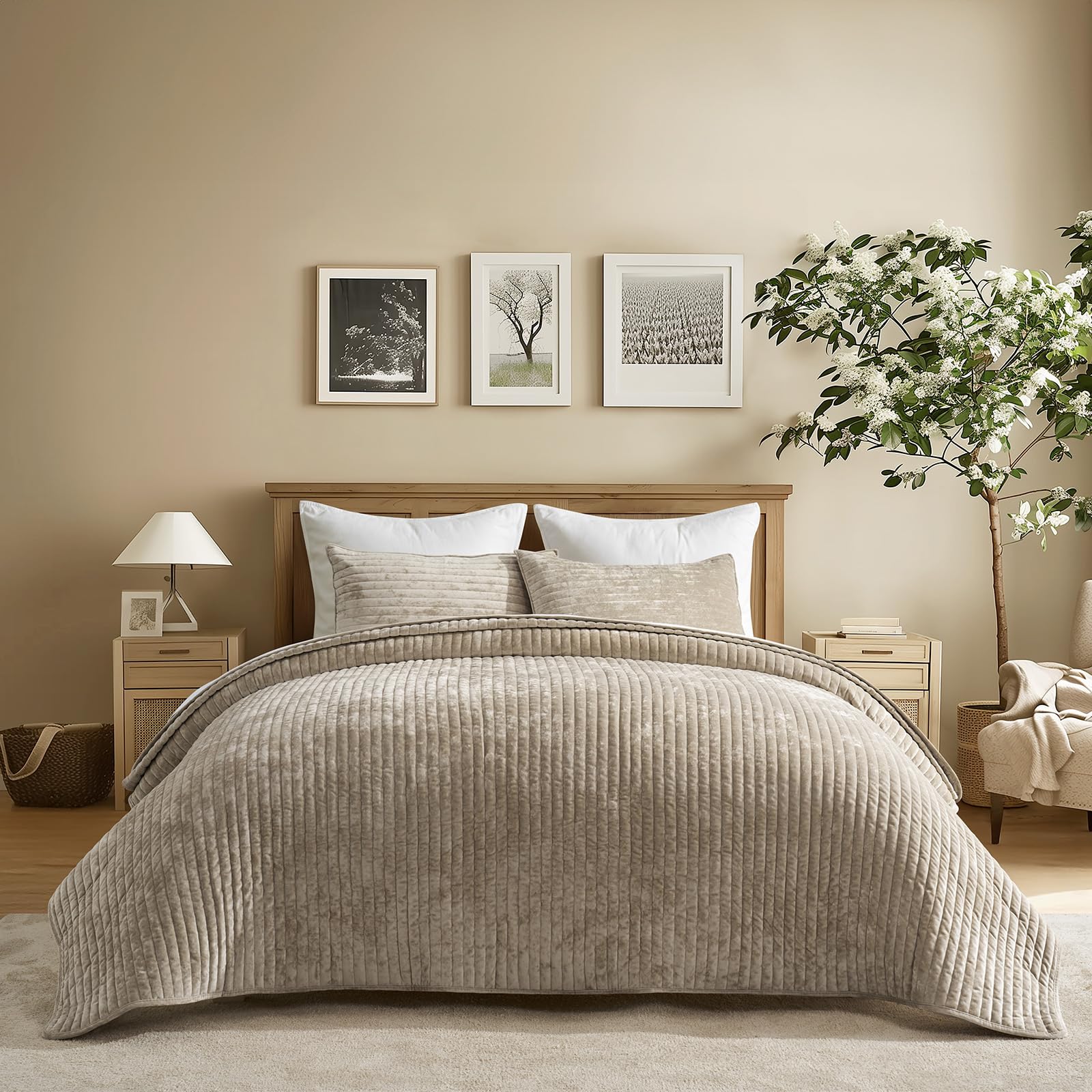 Photo 1 of ***FULL/QUEEN***EVERGRACE Velvet Quilt Set Queen Size, Luxurious Soft Striped Channel Bedding Set, Lightweight Velvet Comforter for All Season, Oversized Bedspread Coverlet with 2 Matching Shams, Beige Taupe 1 Velvet Quilt (90" x 92"), 2 Pillow Shams (20"
