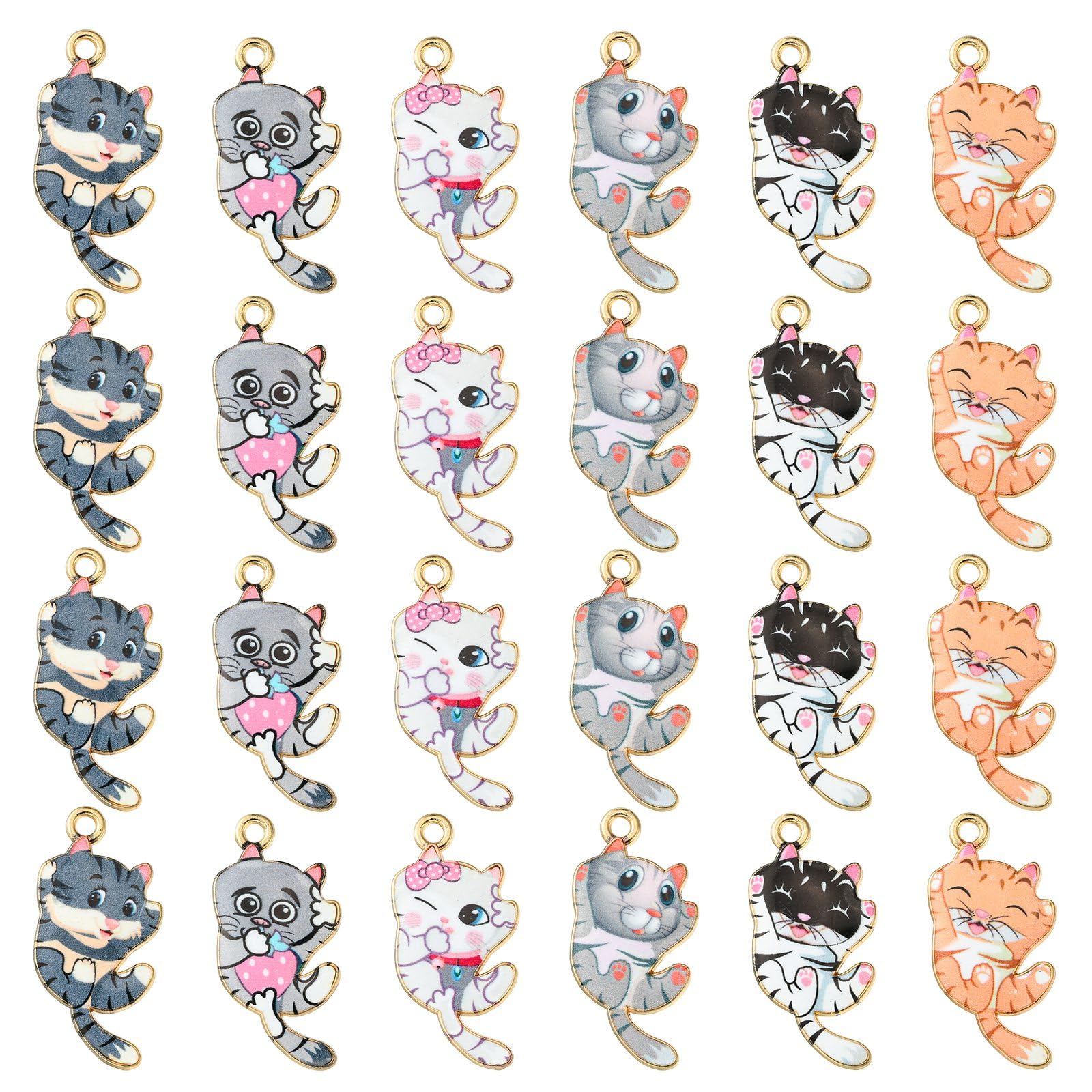 Stiesy 30Pcs 6 Colours Enamel Cat Charms Cute Printed Animal Pendant Charm Pet Kitten Dangle Charms for Jewellery Making DIY Crafting Bracelet