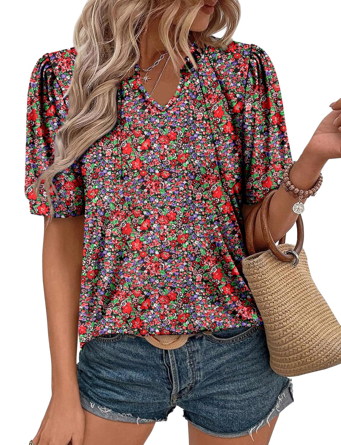 KISSMODA Women's Tunic Tops Casual V Neck Short