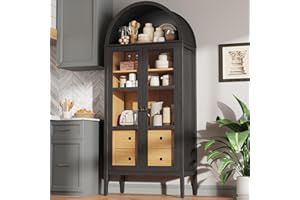 Modern Arched Storage Cabinet with Adjustable Shelves, 71" Tall Wood Bookshelf with Glass Doors & Drawers, Elegant Display Ca