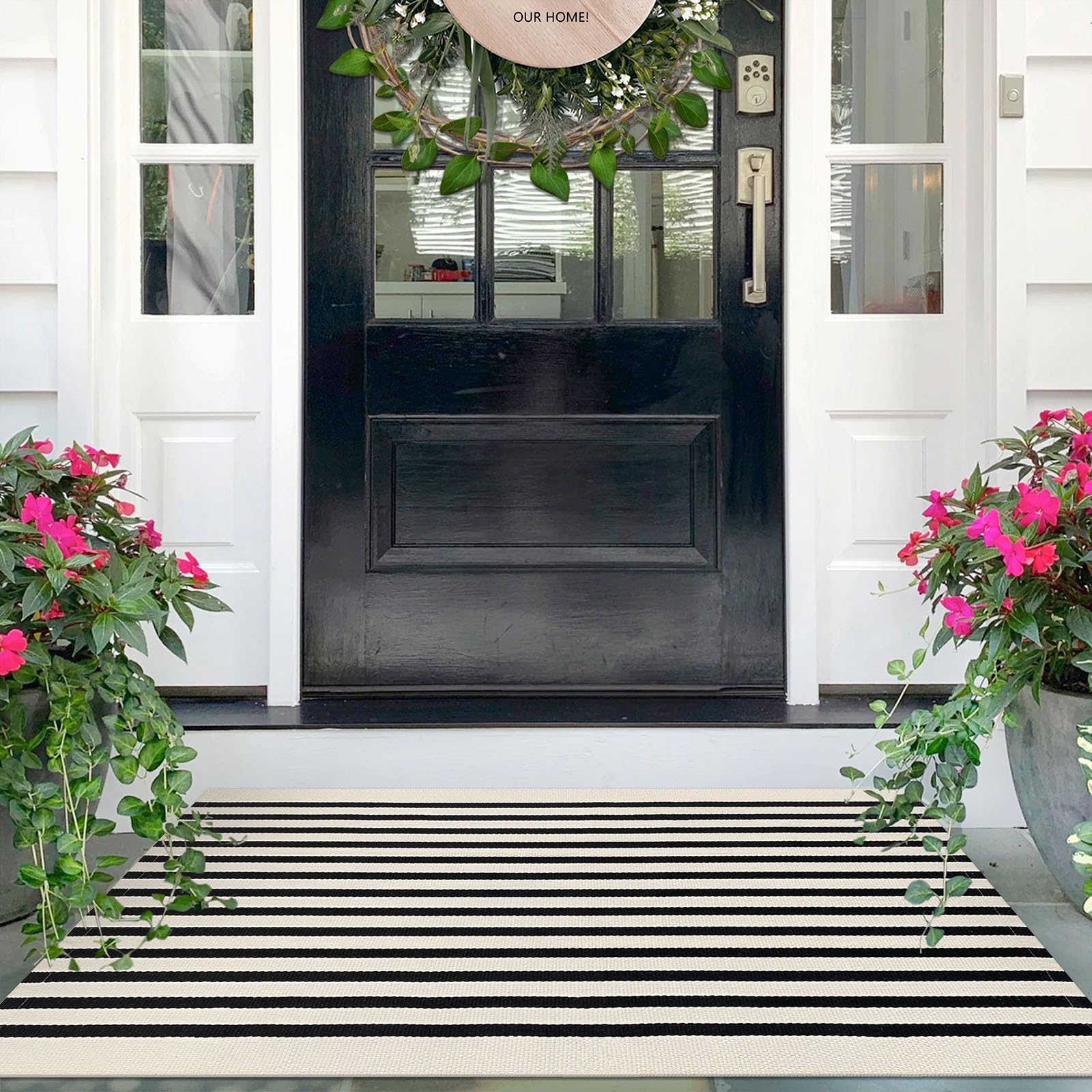 IOHOUZE Black Beige Striped Rug -2.3'x3.6' Front Door Rugs Outdoor, Small Washable Area Rug for Front Porch, Spring Summer Welcome Mats Outdoor Indoor, Doormat for Entryway Porch Entrance