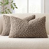 EMEMA Pack of 2 Teddy Faux Fur Throw Pillow Covers 12x20 Inch Soft Fuzzy Sherpa Sheepskin Decorative Cushion Cases Cozy Boucle Fleece for Couch Bed Boho Living Room Decor Khaki