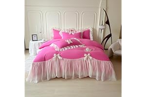SOUKECHY Girls Lace Bedding,Queen Comforter Cover Set, Chic Ruffled Duvet Cover with Lovely Bow,Princess Style 1 Duvet Cover with 2 Pillowcases, No Comforter-Hot Pink,Full Size