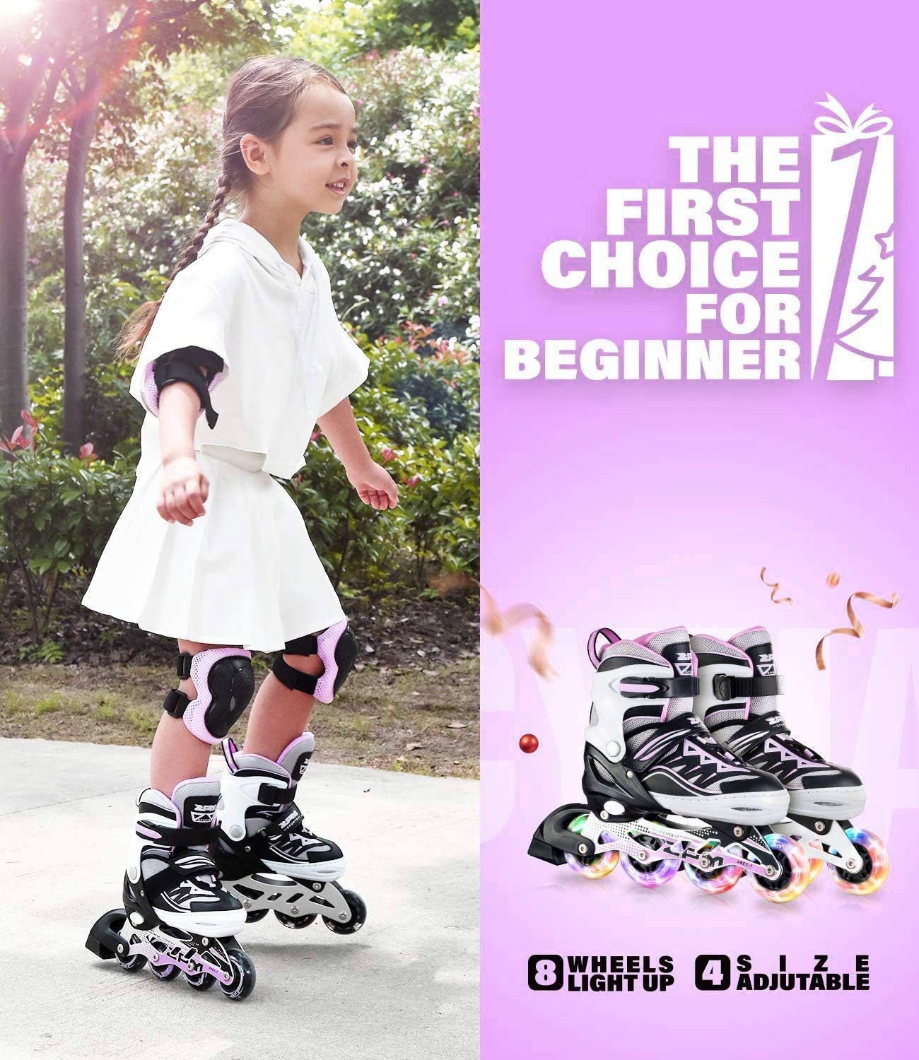 2PM SPORTS Cytia Pink Girls Adjustable Illuminating Inline Skates with Light up Wheels, Fun Flashing Beginner Roller Skates for Kids : Sports & Outdoors