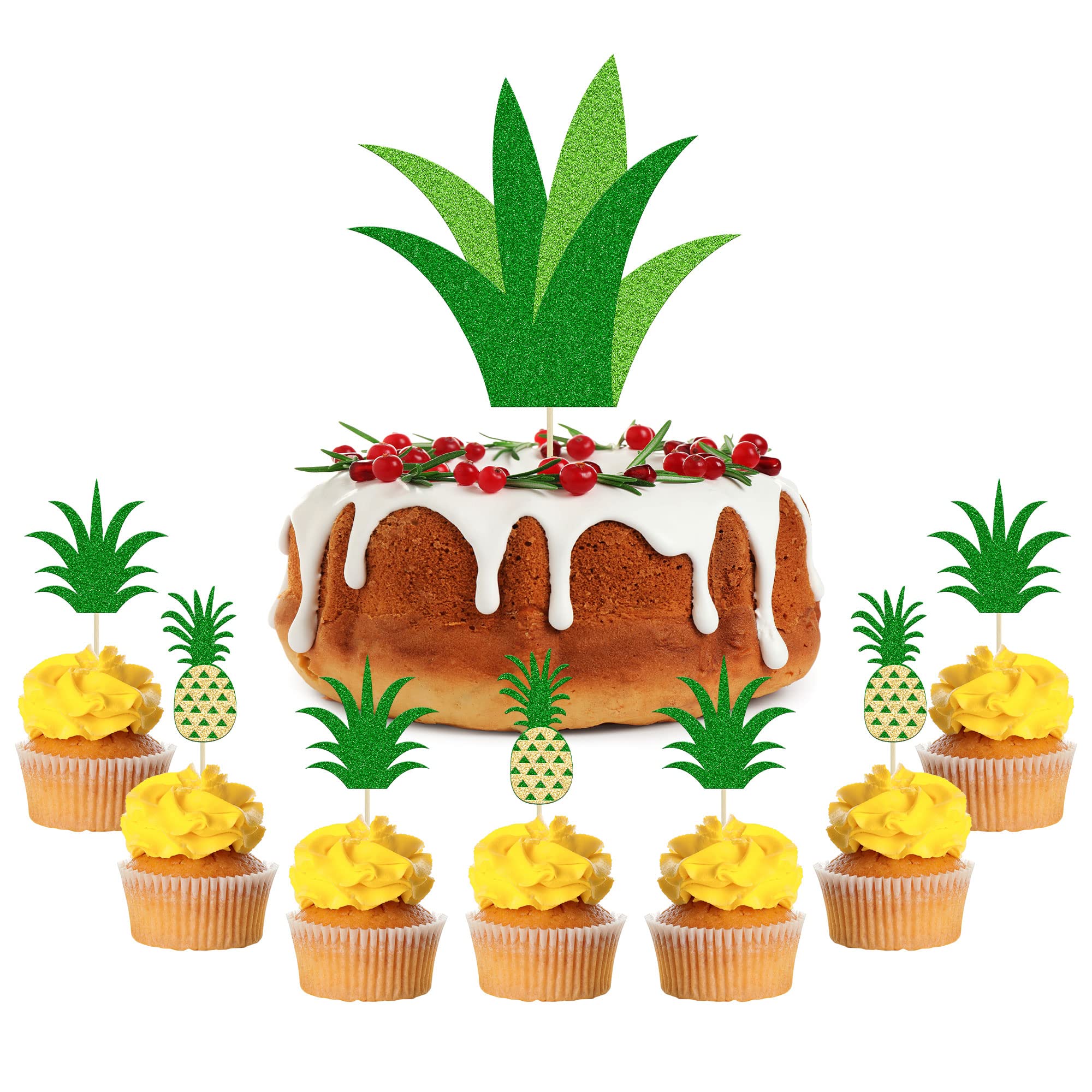 Gyufise 1Pcs Pineapple Cake Topper and 20Pcs Pineapple Donut Cupacke Toppers Glitter Hawaiian Luau Aloha Summer Tropical Theme Baby Shower Bridal Shower Wedding or Birthday Party Cake Supplies