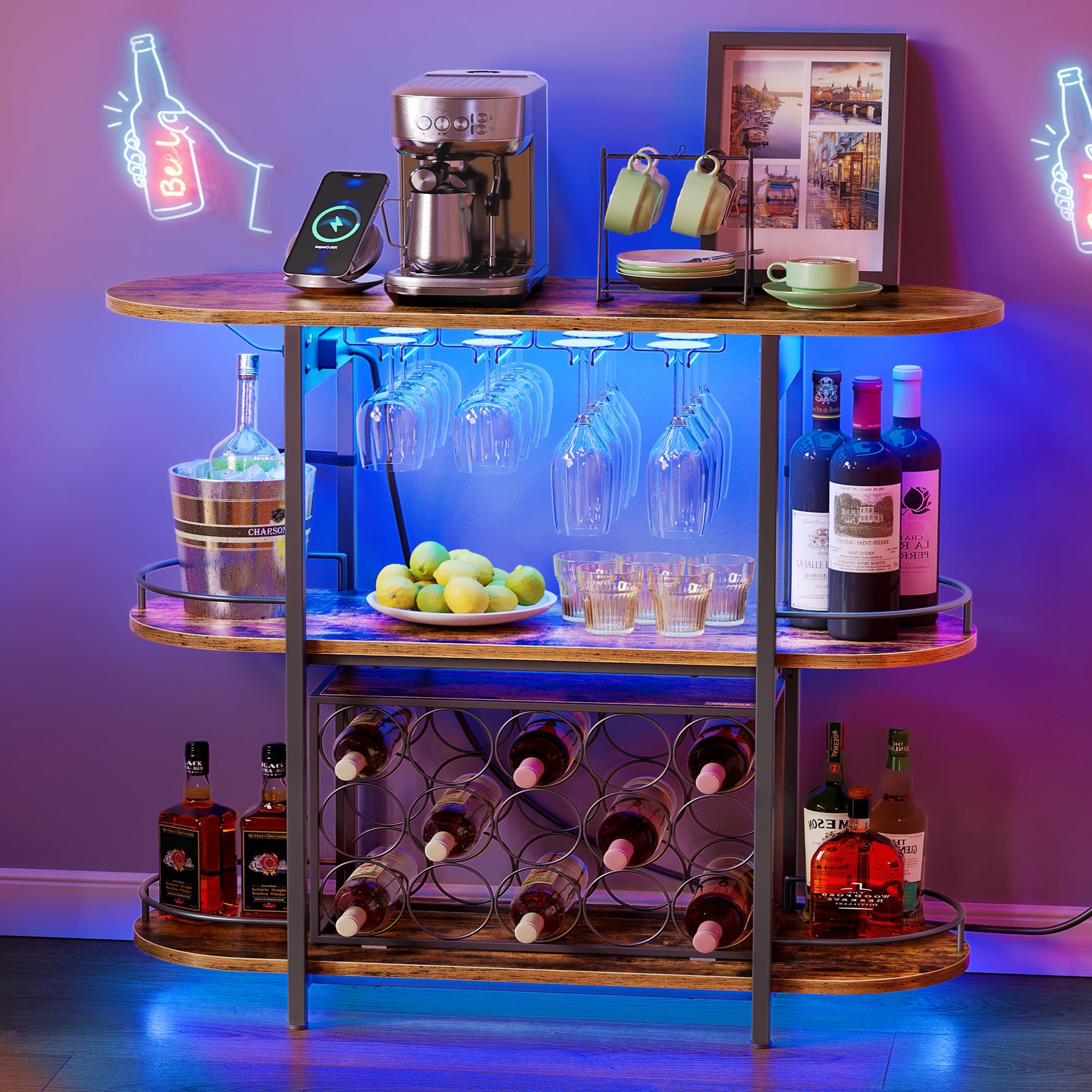 VASAGLE Bar Cabinets for Home, LED Coffee Bar with Power Outlets, Home Mini Bar for Liquor, Freestanding Wine Rack with Glass Holder, Kitchen, Dining Room, Rustic Brown ULWR007K01