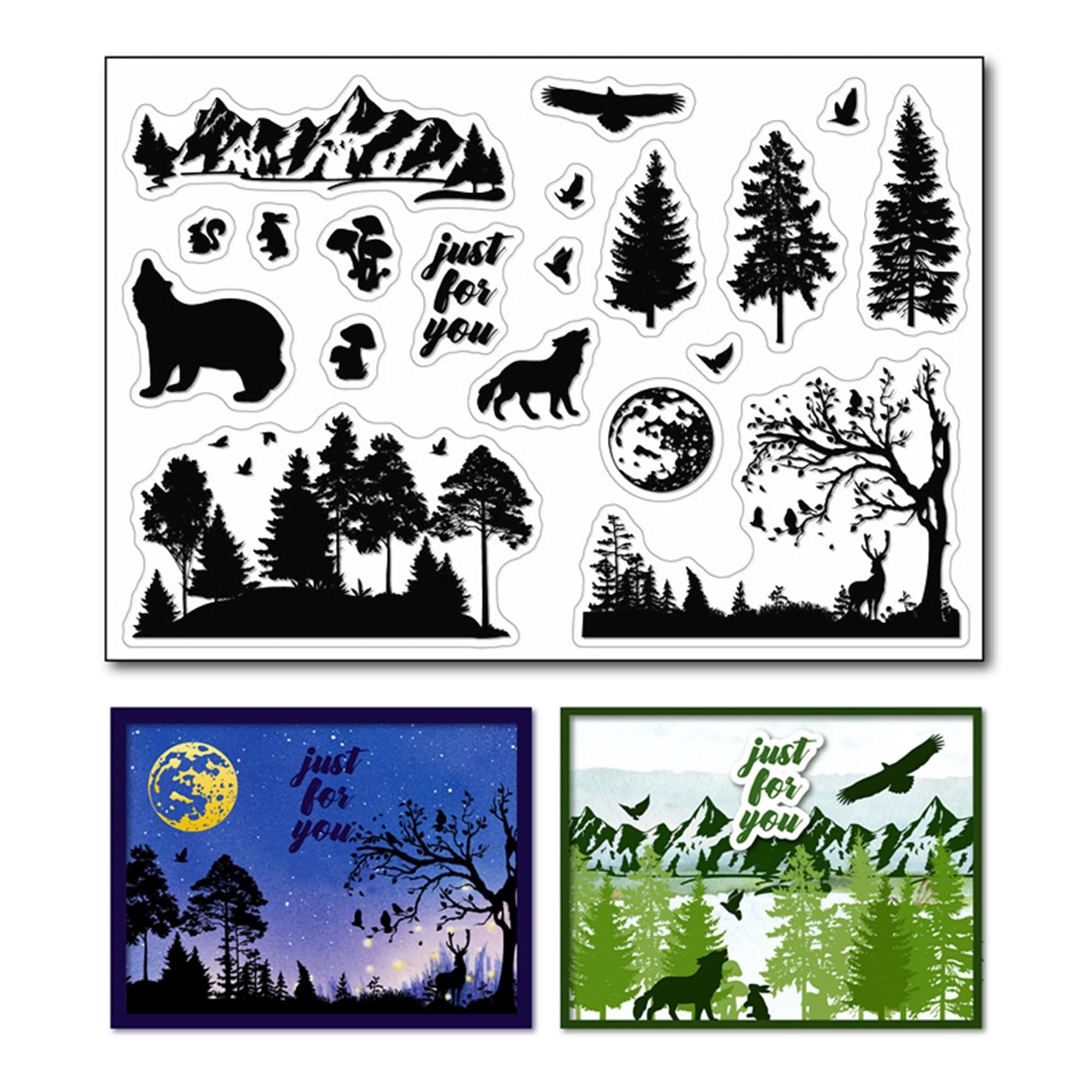 arriettycraft Silhouette Woodland Clear Stamps for Card Making or Journaling, Silhouette Trees Wilda Animal Rubber Stamps Mountain Scenary Silicone Stamps for Scrapbooking Paper Crafts Decoration