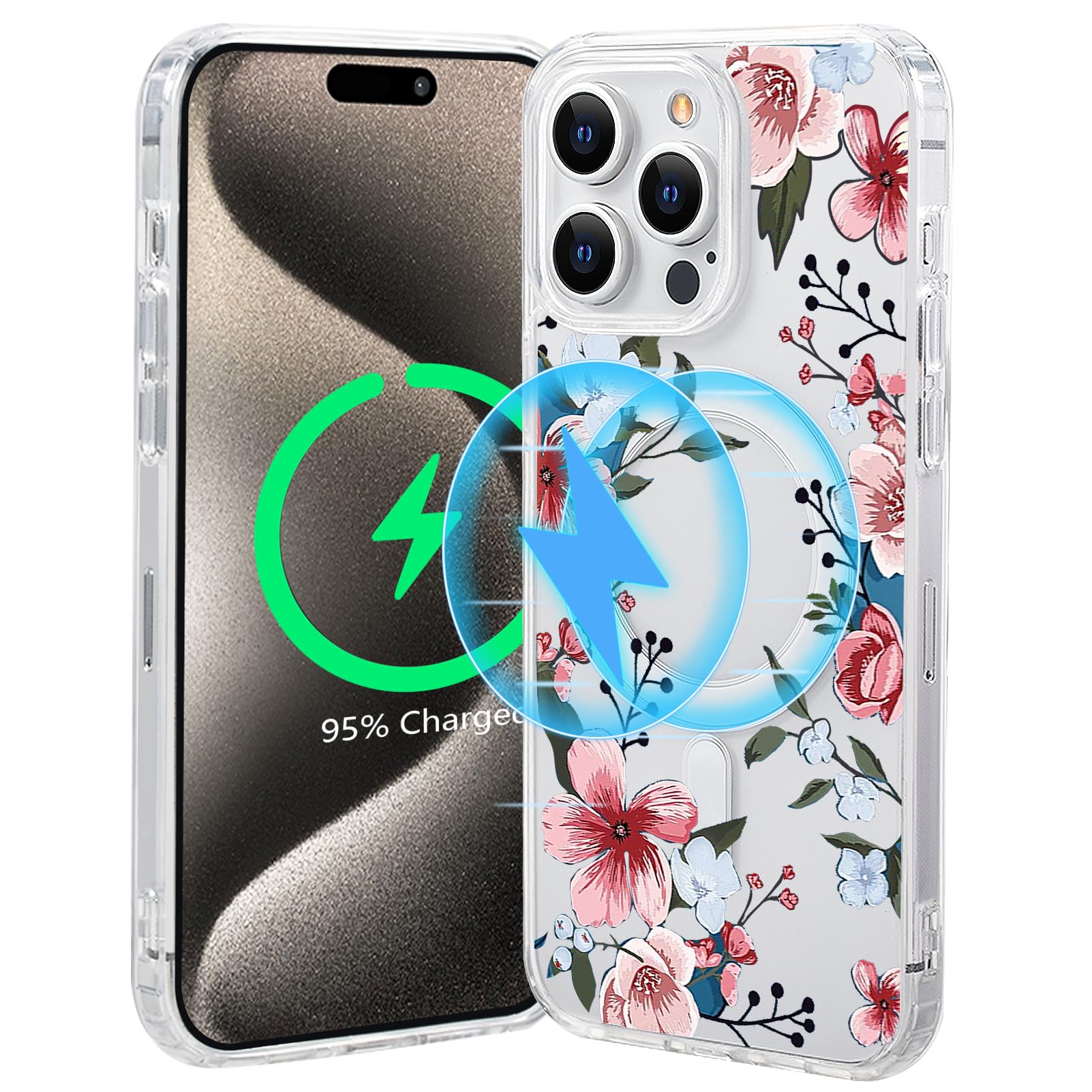 Tcaraersing for iPhone 15 Pro Magnetic Clear Flower