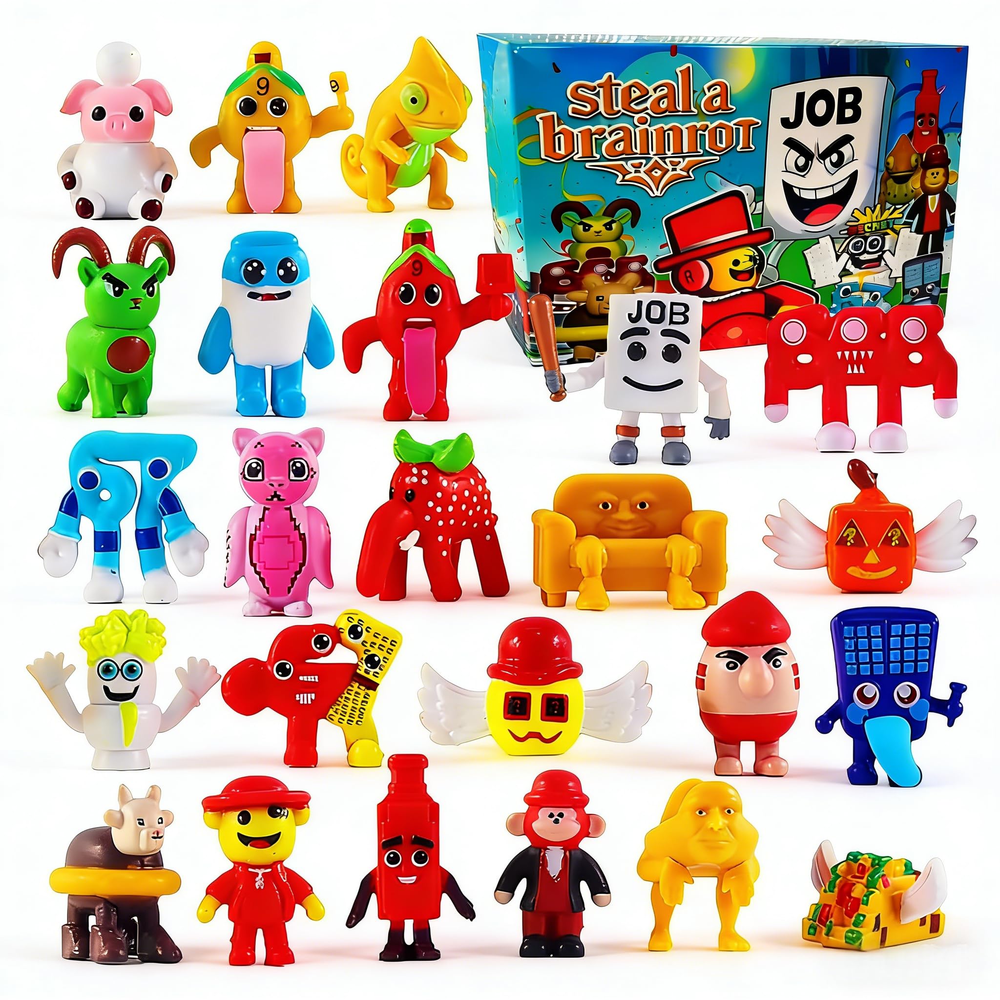 MXZWOC 24PCS Steal A Brainrot Action Figures Set,2-4.2cm Cute Shark Strawberry Elephant Animal Figurines, Funny 67 Collectible Desk Decor Toys for Fans Collection & Gift (24pc-box)