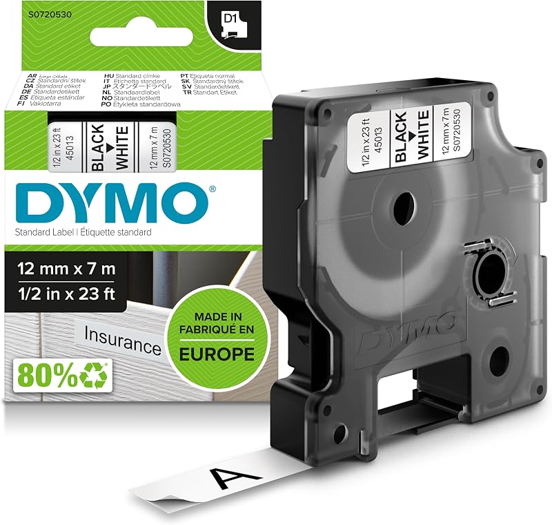 Dymo authentic D1 labels 12 mm x 7 m black on white tape for LabelManager