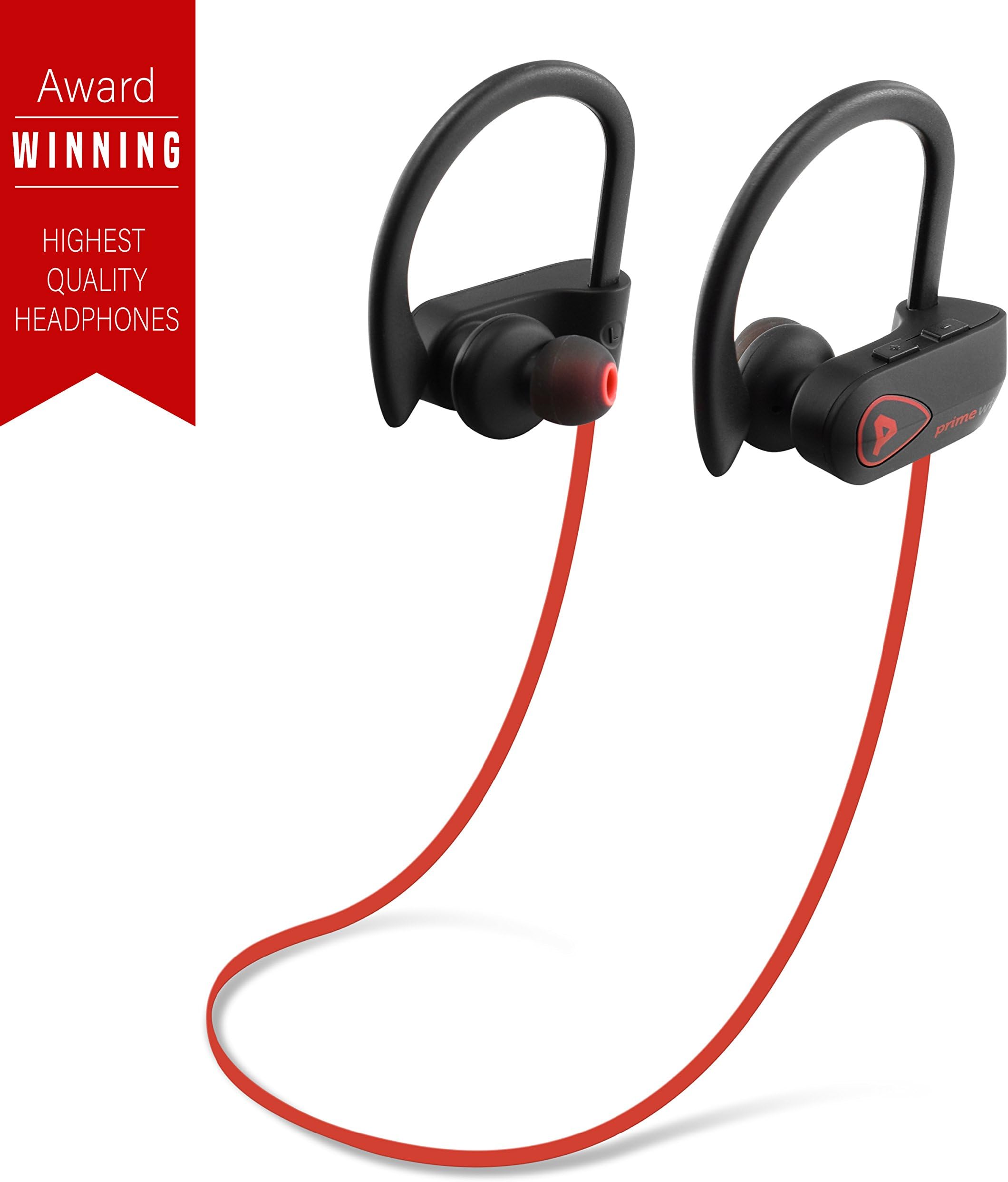 PrimeWire Powerbuds Bluetooth Earbuds, The Best Wireless Sports Earphones w/Mic IPX7 Waterproof HD Stereo Sweatproof in Ear Earbuds for Gym Running 8 Hour Battery Noise Cancelling Headphones- Red