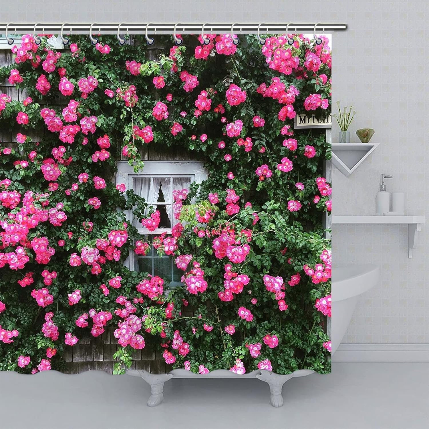 Gaakvrr Roses Cottage Shower Curtain, Window Flowers Curtain, 3D Garden Shower Curtain Washable Waterproof Curtains Set with 12 Hooks for Bathroom 79x72 Inch(200x183CM)