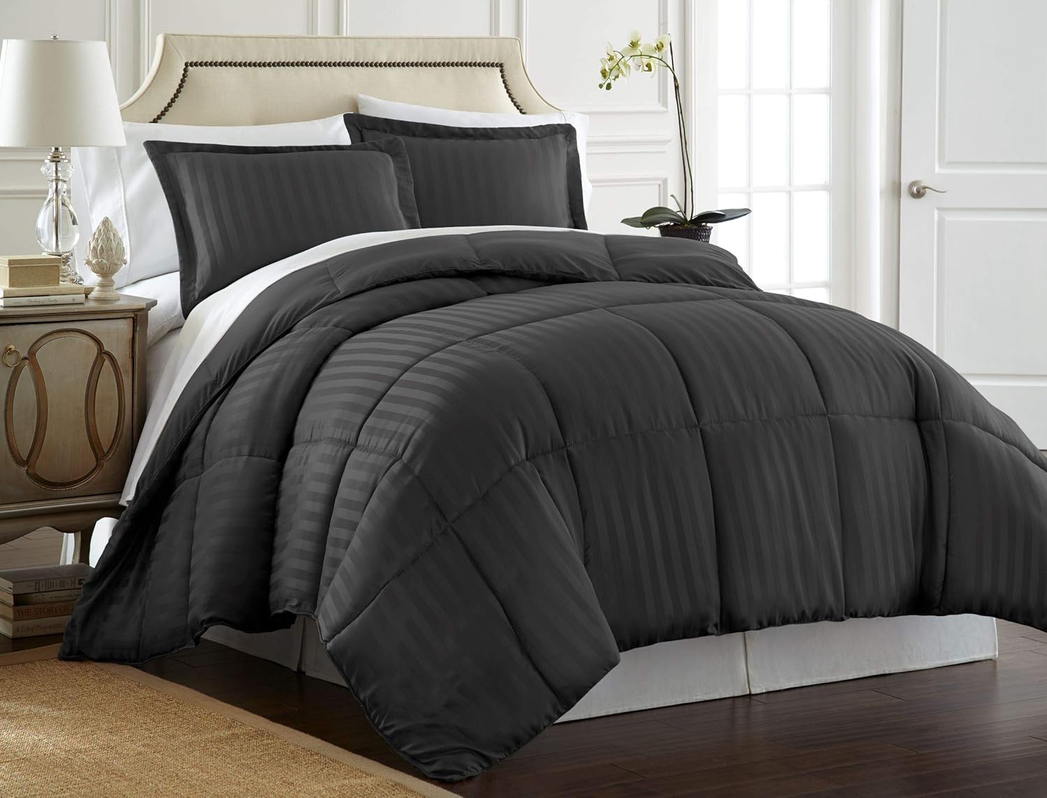 SPIRIT LINEN HOME Black Hotel 5th Ave 3PC Reversible Satin