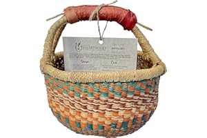 Africa Heartwood Project - Deluxe Colorful African Basket with Leather Handles - Handmade from dried Elephant Grass, Hand-Woven by Women in Bolgatanga, Ghana - Small 10" Round (Flat-packed)