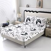 SDIII White Gamer Full Fitted Sheet with 2 Pillowcases, Deep Pocket Soft Microfiber Gaming Bed Sheet Full Size for Boys Girls Kids