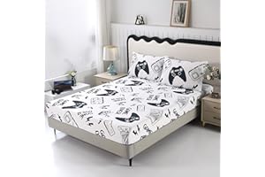 SDIII White Gamer Full Fitted Sheet with 2 Pillowcases, Not Including Flat Sheet, Soft Microfiber Deep Pocket Gaming Bed Sheets for Boys Girls Kids